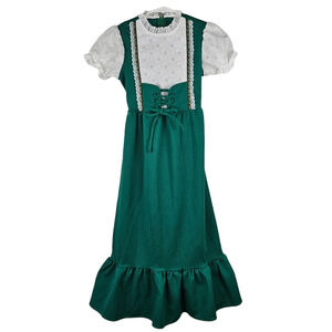 Vintage JCPennys childs green maxi peasant boho dress eyelet lace size 8